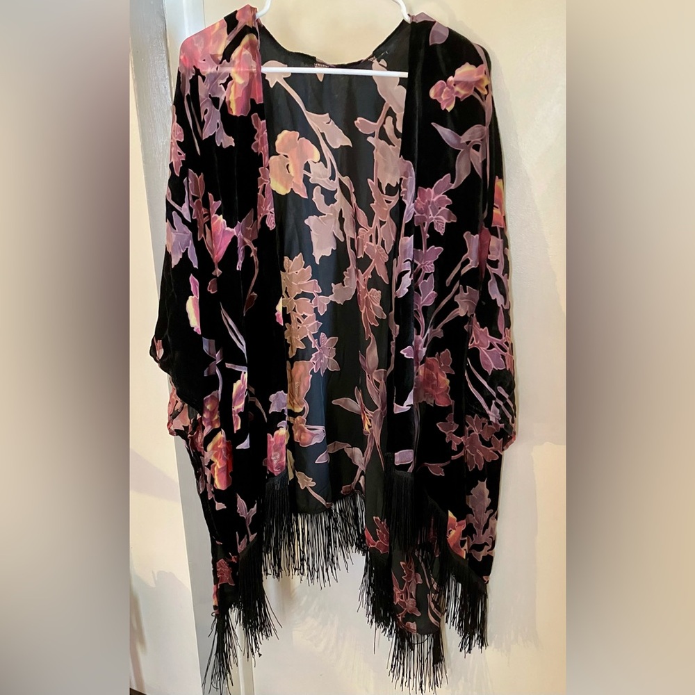 Velvety Floral Women's Robe with Fringe